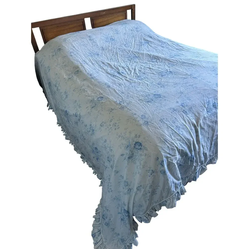 Vintage Ralph Lauren Floral Comforter cover Duvet Blue Rose Ruffled Edge King